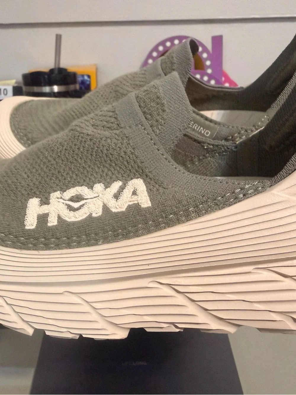 Hoka Kids Slip-On Knit Sneakers in Olive Green and White